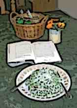 Plate, mug and open book.