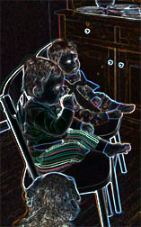 Imp and Elf tied to the kitchen chairs for breakfast as Benny looks on.