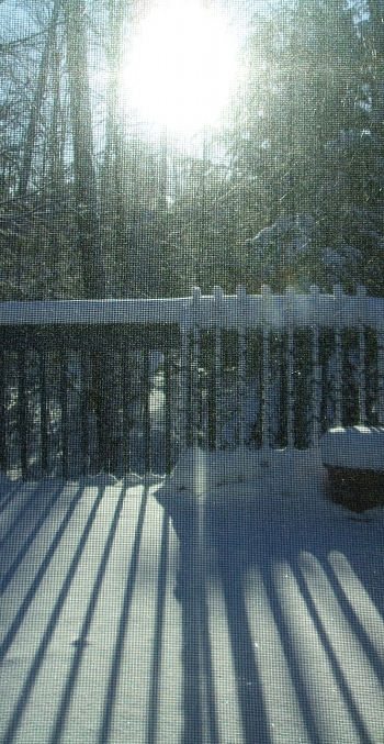 This is our deck on the morning that the thermometer read -32C.  The image is muted by the screen on the window, which was the only window where I dared to open the blind and let the cold air near the glass circulate into the house.