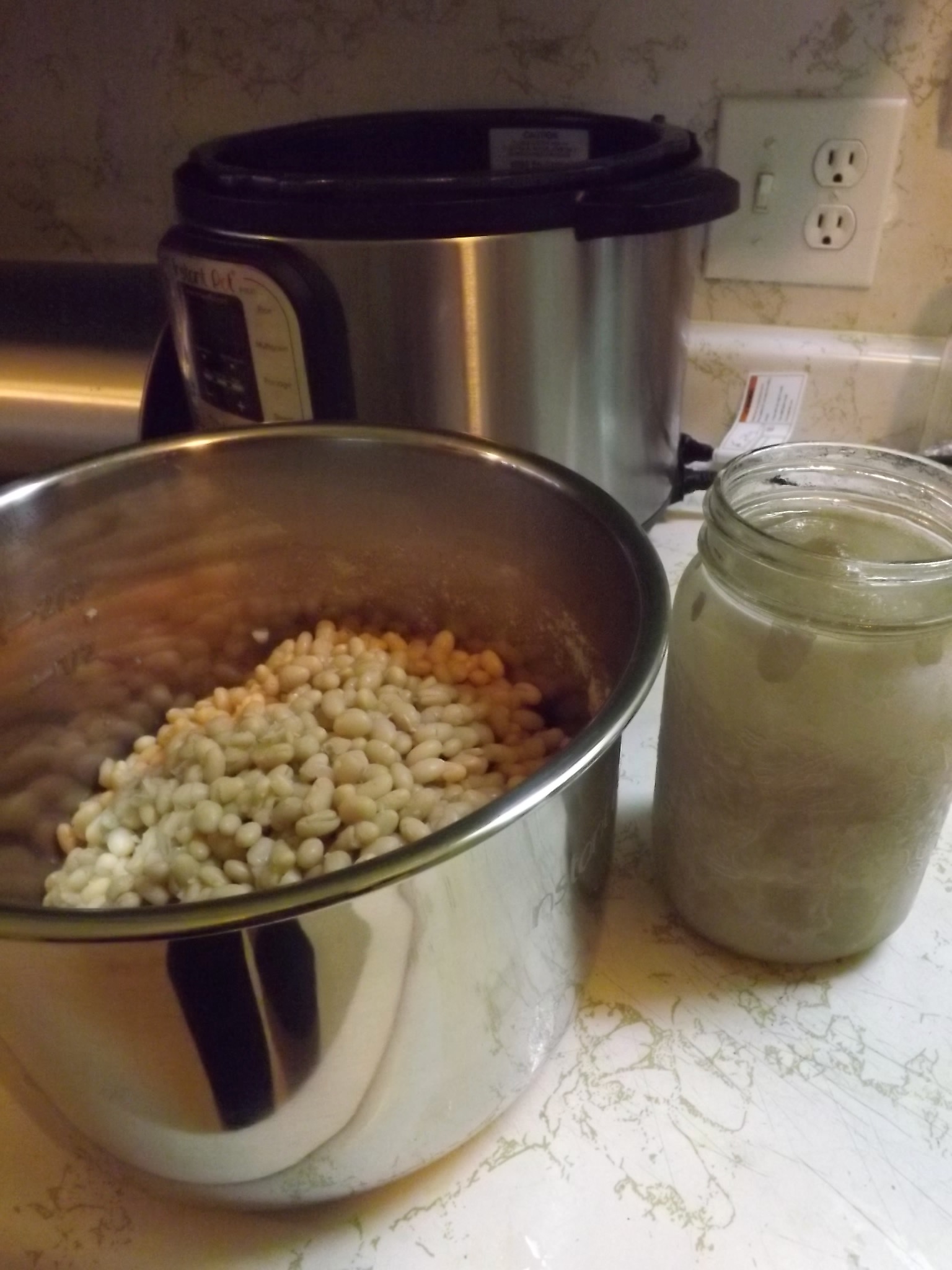 navy beans and mason jar of frozen water