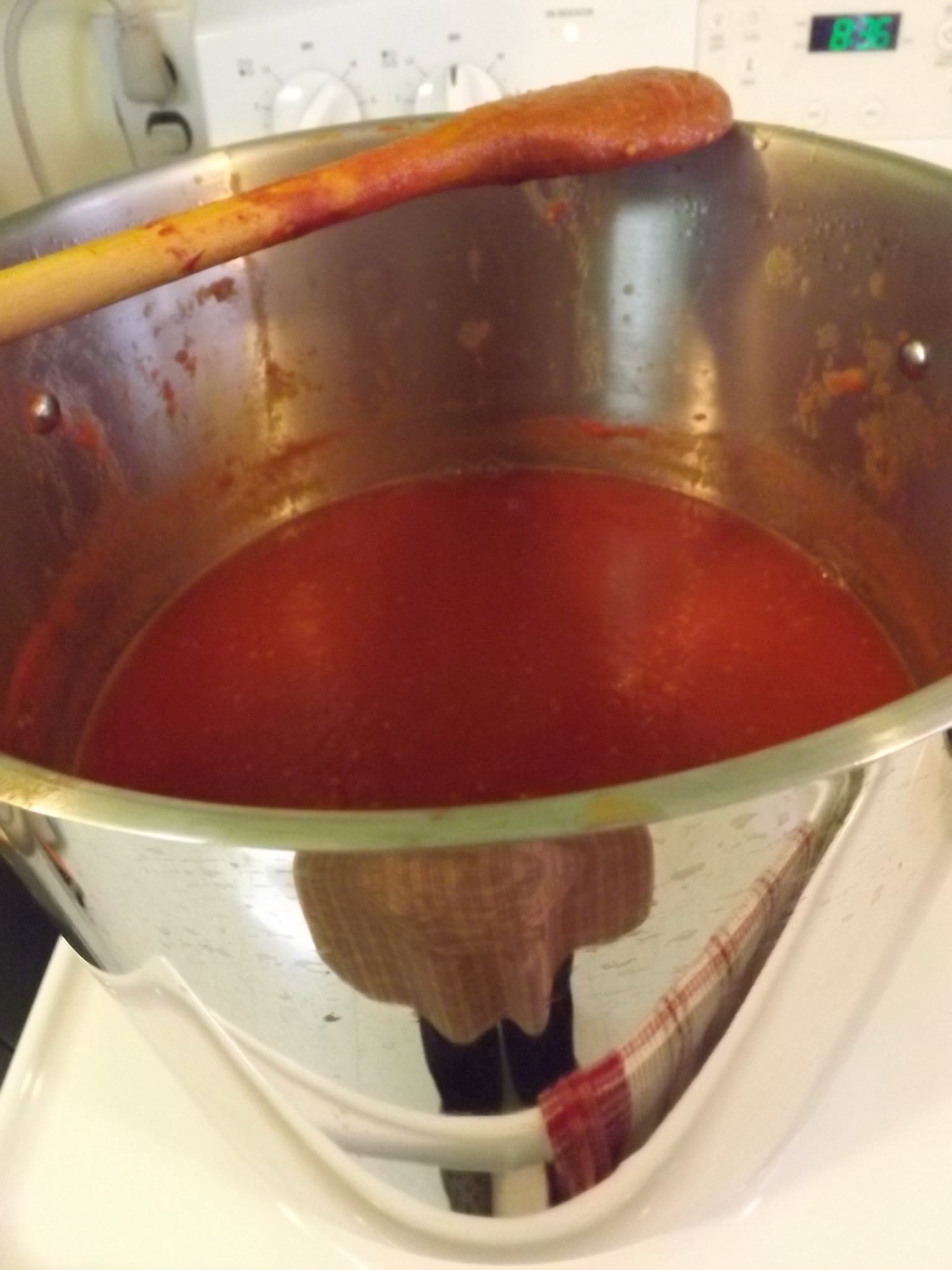 Stock pot containing tomato sauce, with reflection of Maggie's legs.